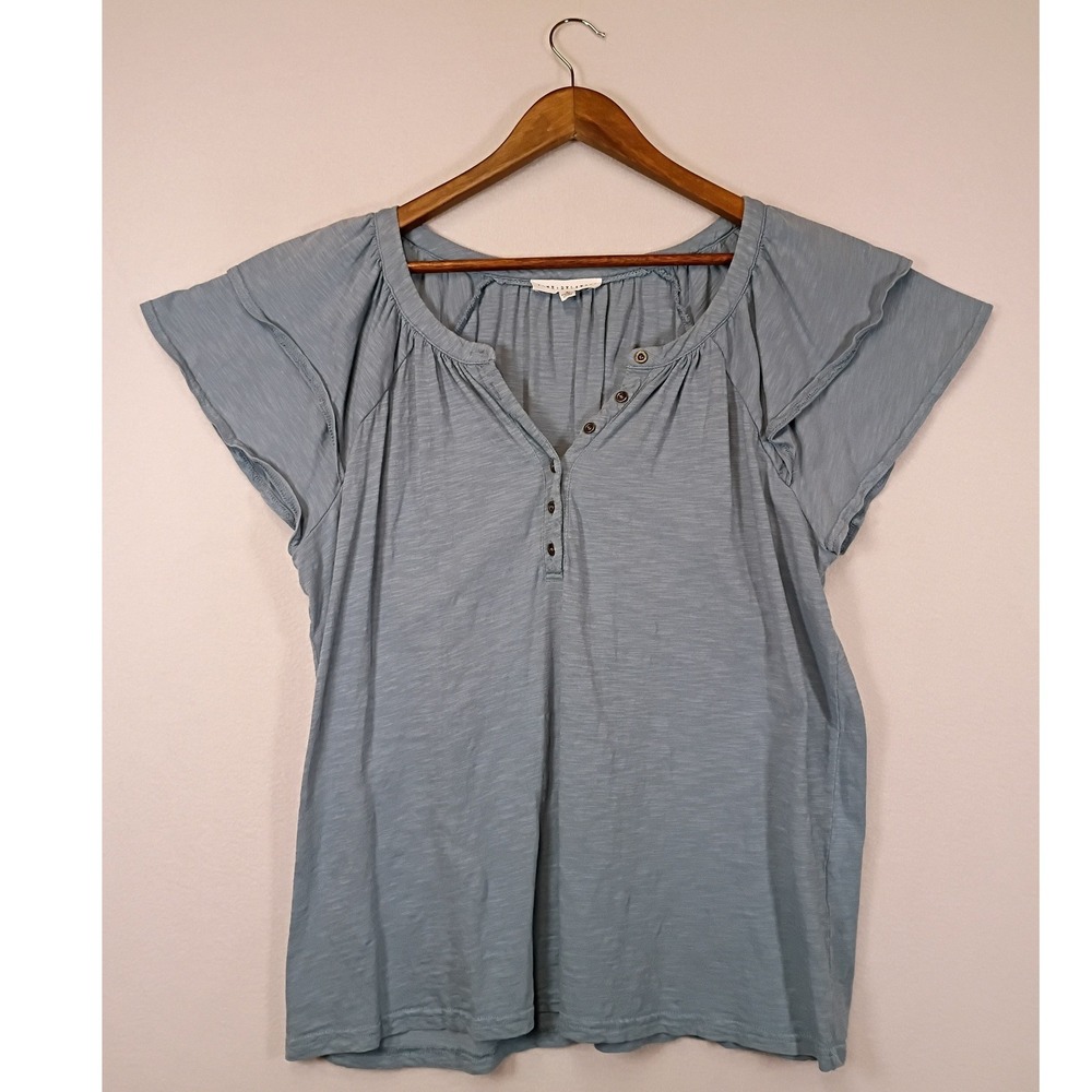 Boho Jane + Delancey Womens XL Blue Flutter Sleeve Cotton Slub Henley Top